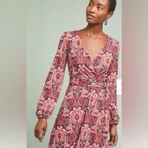 Anthropologie Maeve knit wrap front belted paisley dress